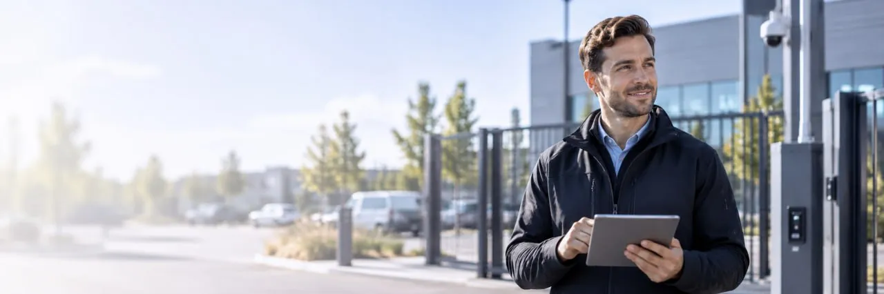 Asiantuntija työskentelee yrityksen piha-alueella tabletin kanssa